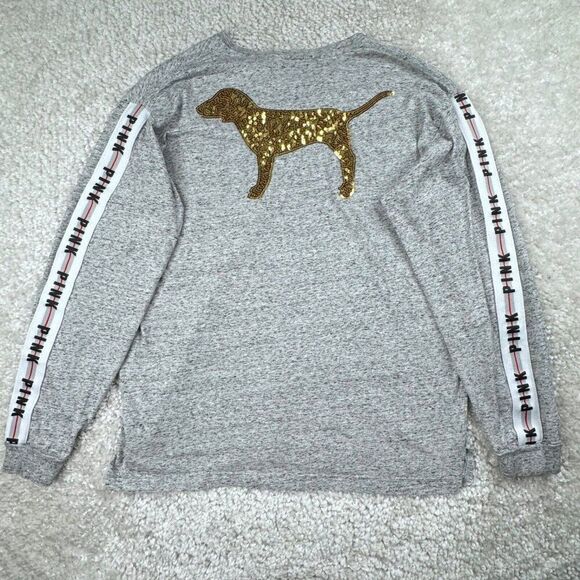 Victoria's Secret Pink Gold Sequin Puppy LS Pocket T-Shirt Gray - Picture 1 of 10